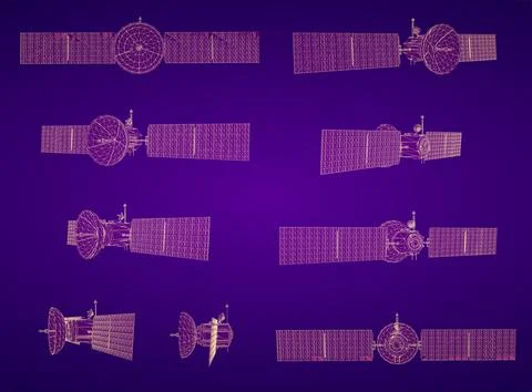 Set of vector 3d communication and communication satellites on color backgrou Stock Illustration