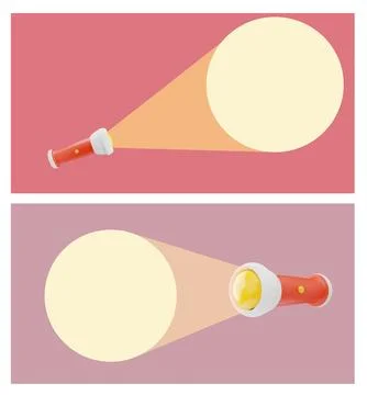 Set of vector 3D illustrations of flashlights with rays of light, front and side Illustrazione stock