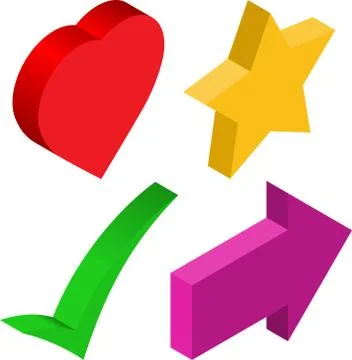 Set of vector 3D isometric icons: heart; arrow; star and check mark Ilustración de archivo