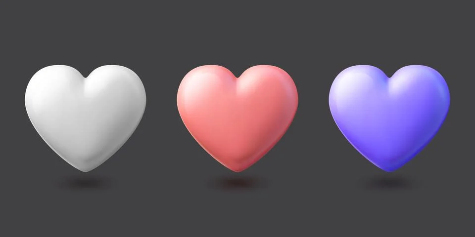 Set of vector 3d plastic realistic matte heart shapes Stock Illustration