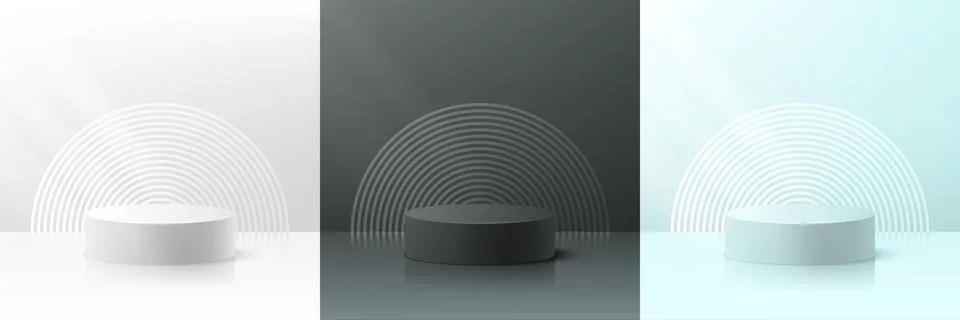 Set of vector abstract 3D room with white, black and blue podium. Minimal scene Illustrazione stock