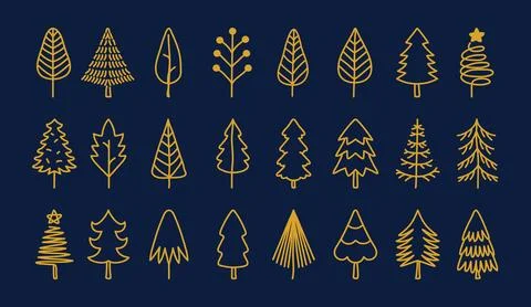 Set of vector abstract Christmas trees. Gold vintage hand-drawn collection Stock Illustration