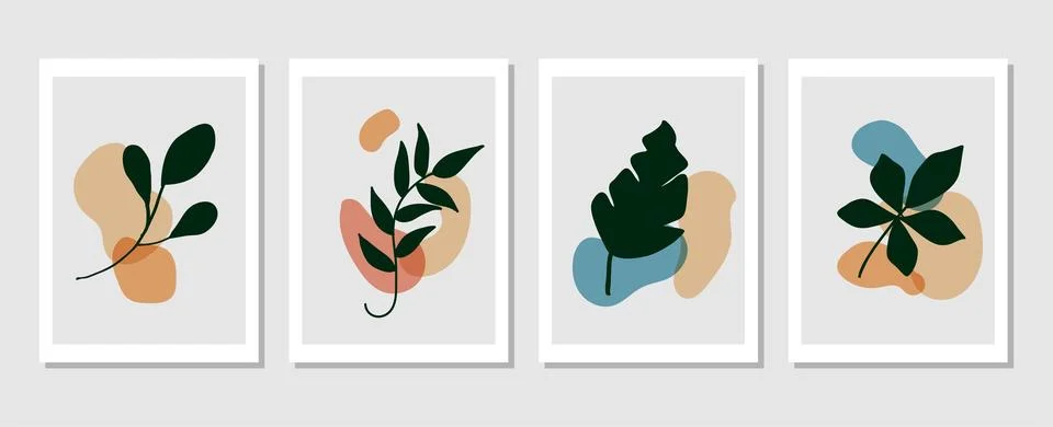 Set of vector abstract creative backgrounds with tropical leaves. Stock Illustration