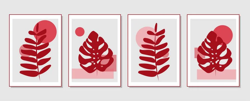 Set of vector abstract creative backgrounds with tropical leaves. Stock Illustration