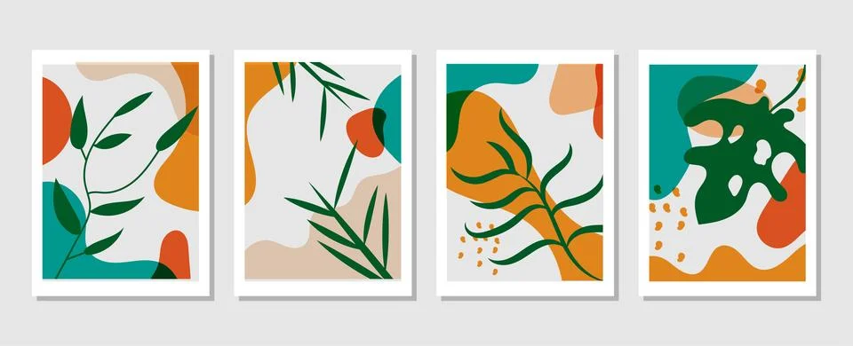 Set of vector abstract creative backgrounds with tropical leaves. Stock Illustration