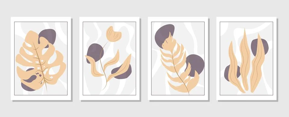 Set of vector abstract creative backgrounds with tropical leaves. Stock Illustration