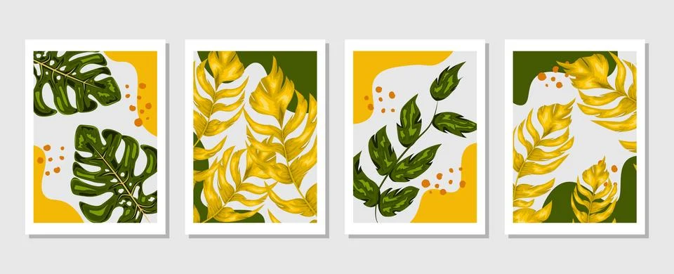 Set of vector abstract creative backgrounds with tropical leaves. Stock Illustration