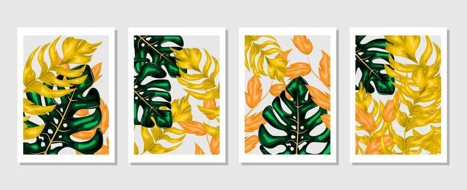 Set of vector abstract creative backgrounds with tropical leaves. Stock Illustration