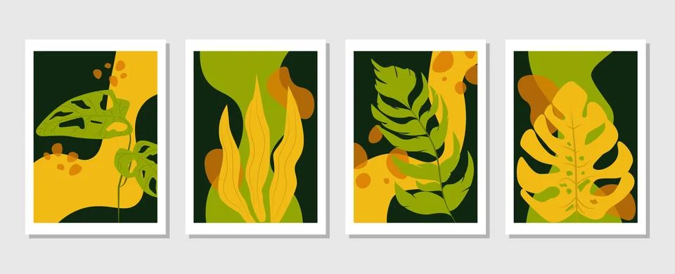 Set of vector abstract creative backgrounds with tropical leaves. Stock Illustration