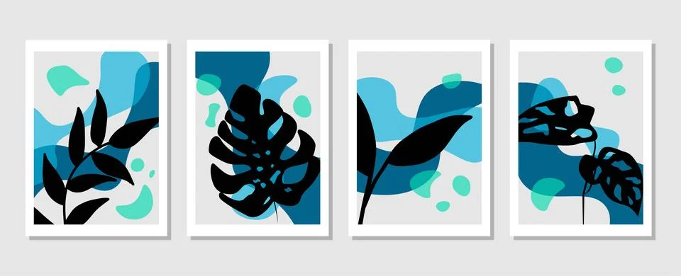 Set of vector abstract creative backgrounds with tropical leaves. Stock Illustration