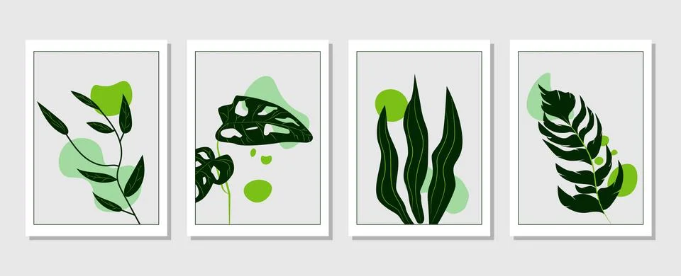 Set of vector abstract creative backgrounds with tropical leaves. Stock Illustration