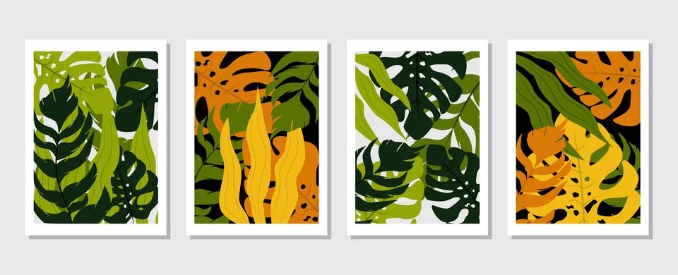 Set of vector abstract creative backgrounds with tropical leaves. Stock Illustration