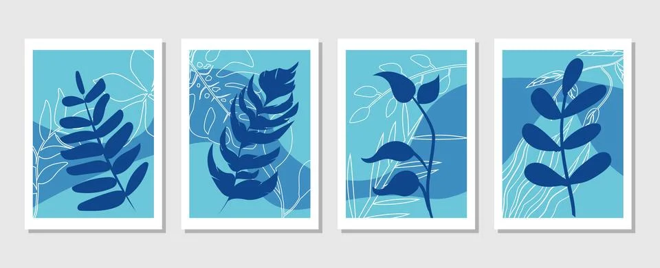 Set of vector abstract creative backgrounds with tropical leaves. Stock Illustration