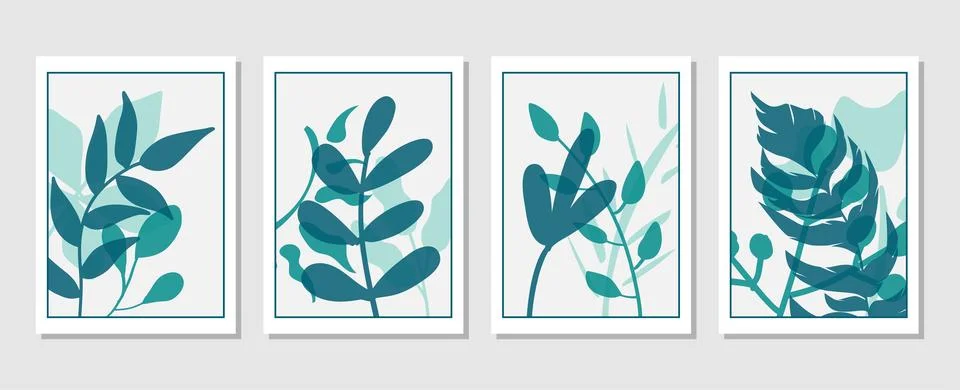 Set of vector abstract creative backgrounds with tropical leaves. Stock Illustration