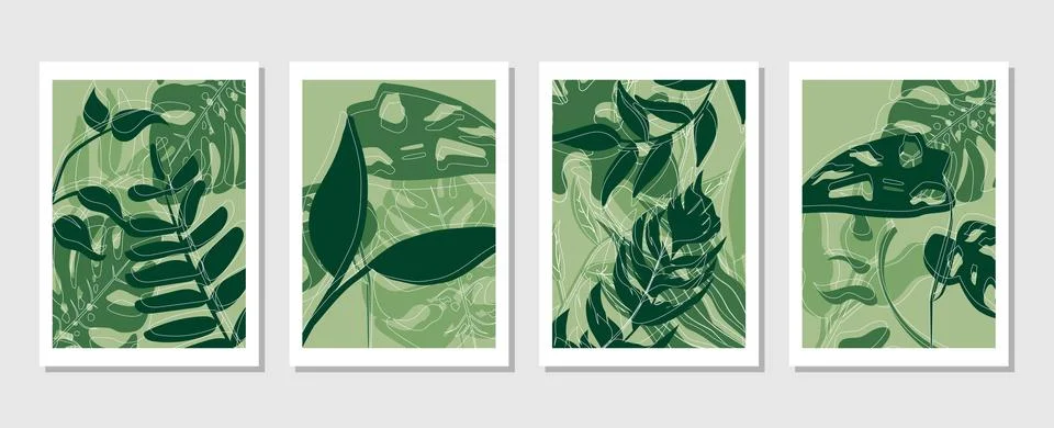 Set of vector abstract creative backgrounds with tropical leaves. Stock Illustration