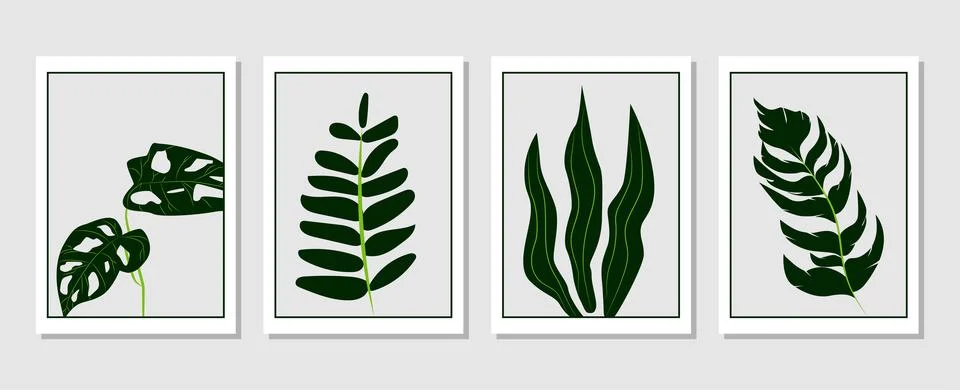 Set of vector abstract creative backgrounds with tropical leaves. Stock Illustration