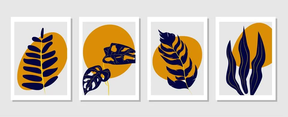 Set of vector abstract creative backgrounds with tropical leaves. Stock Illustration