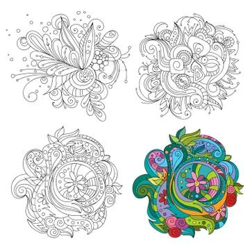 Set of vector abstract line art patterns for backgrounds or for coloring book Stock Illustration