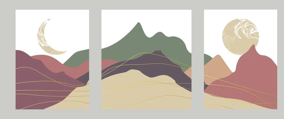 Set of vector abstract mountains. Hills, panoramic view, mountain line, sun.. Stock Illustration