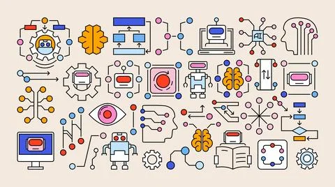 A set of vector AI technology icons in a retro cartoon style. Stock Illustration