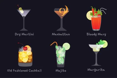 Set of vector alcohol bar drinks - mojito, manhattan cocktail, Bloody Mary, old Stock Illustration