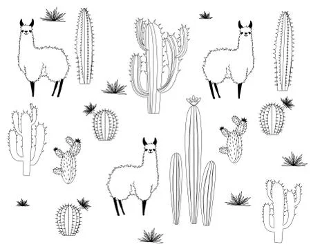 Set of  vector alpaca and cactus elements Stock Illustration