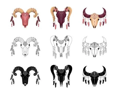 Set of vector animal skull in boho style decorated with crystals and feathers Illustrazione stock