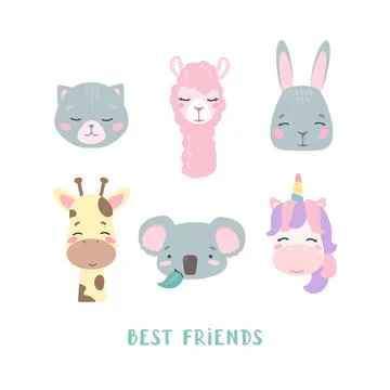 Set of vector animals in cartoon style. Cute smiley unicorn, bunny, llama, cat Stock-Illustration