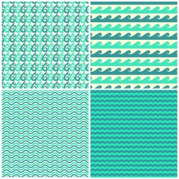 Set of vector aqua green waves seamless patterns 스톡 일러스트