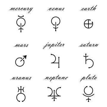 Set of vector astrological signs of planets. Astrology, astronomy. Mystery sc Stock Illustration