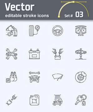 Set of vector auto repair shop line icons isolated.Editable stroke Stock Illustration
