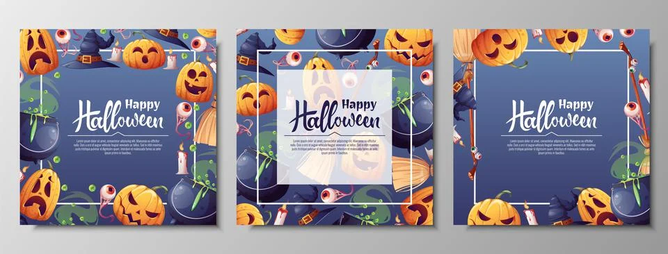 Set of vector backgrounds for Halloween invitation or greeting card. Pumpkins Stock Illustration