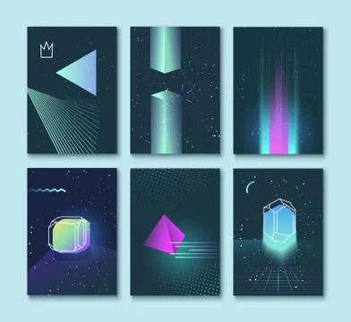Set of vector backgrounds  neon space 80s style crystals Stock Illustration