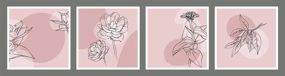 Set of vector backgrounds with wild flowers, plants, lotuses and leaves. Stock Illustration