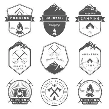Set of Vector Badges Camping and Hiking 스톡 일러스트