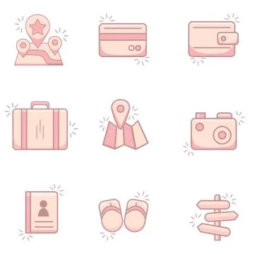 Set of vector badges - travel, road, vacation. Pink colors. Characters Stock Illustration