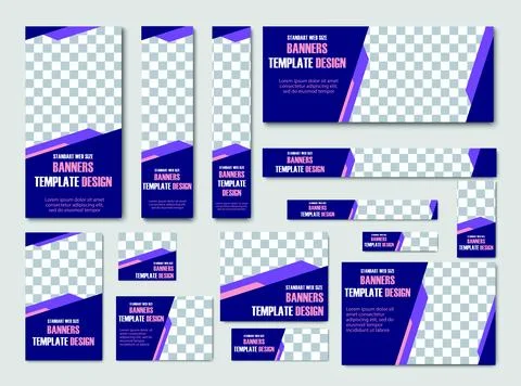 Set of vector banner templates of different sizes in gray, lilac and pink. Stock Illustration