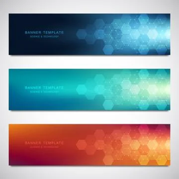 Set of vector banners and headers for site with medical background and hexagons Stock Illustration
