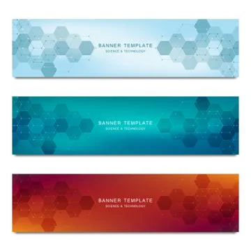 Set of vector banners and headers for site with medical background and hexagons Stock Illustration
