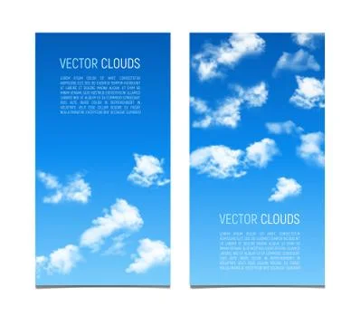 Set of vector banners with blue sky and realistic clouds. Stock Illustration