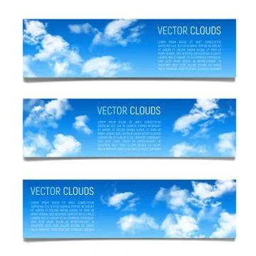 Set of vector banners with blue sky and realistic clouds. Stock Illustration
