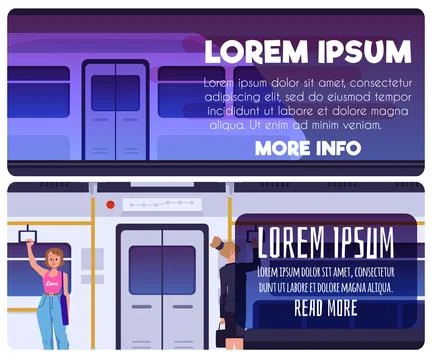 Set of vector banners, flyers of subway train with automatic doors arriving at Illustration