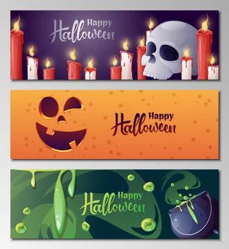 Set of vector banners for Halloween. Witch s cauldron, scary pumpkins, broom, Stock Illustration