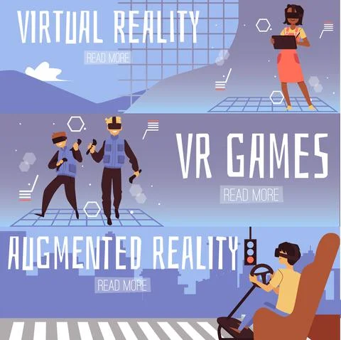 Set of vector banners with people enjoying games virtual augmented reality. Stockillustratie