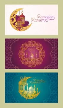 Set of vector banners for Ramadan Kareem with Ramadan lantern, towers of mosque イラスト素材