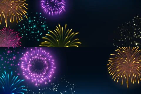 Set of vector banners with realistic multi-colored fireworks on a black Stock Illustration