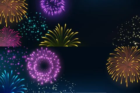 Set of vector banners with realistic multi-colored fireworks on a black Stock Illustration