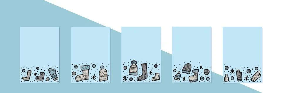 Set of vector banners with warm socks, beanies set. Collection of templates w Stock Illustration