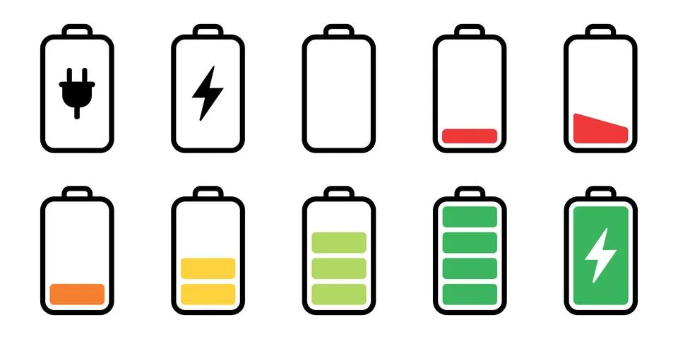 Set of vector battery icons displaying various charge levels, status indica.. Stock Illustration