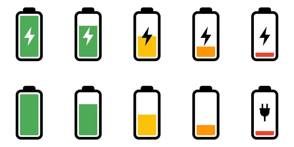 Set of vector battery icons displaying various charge levels, status indica.. Ilustración de archivo